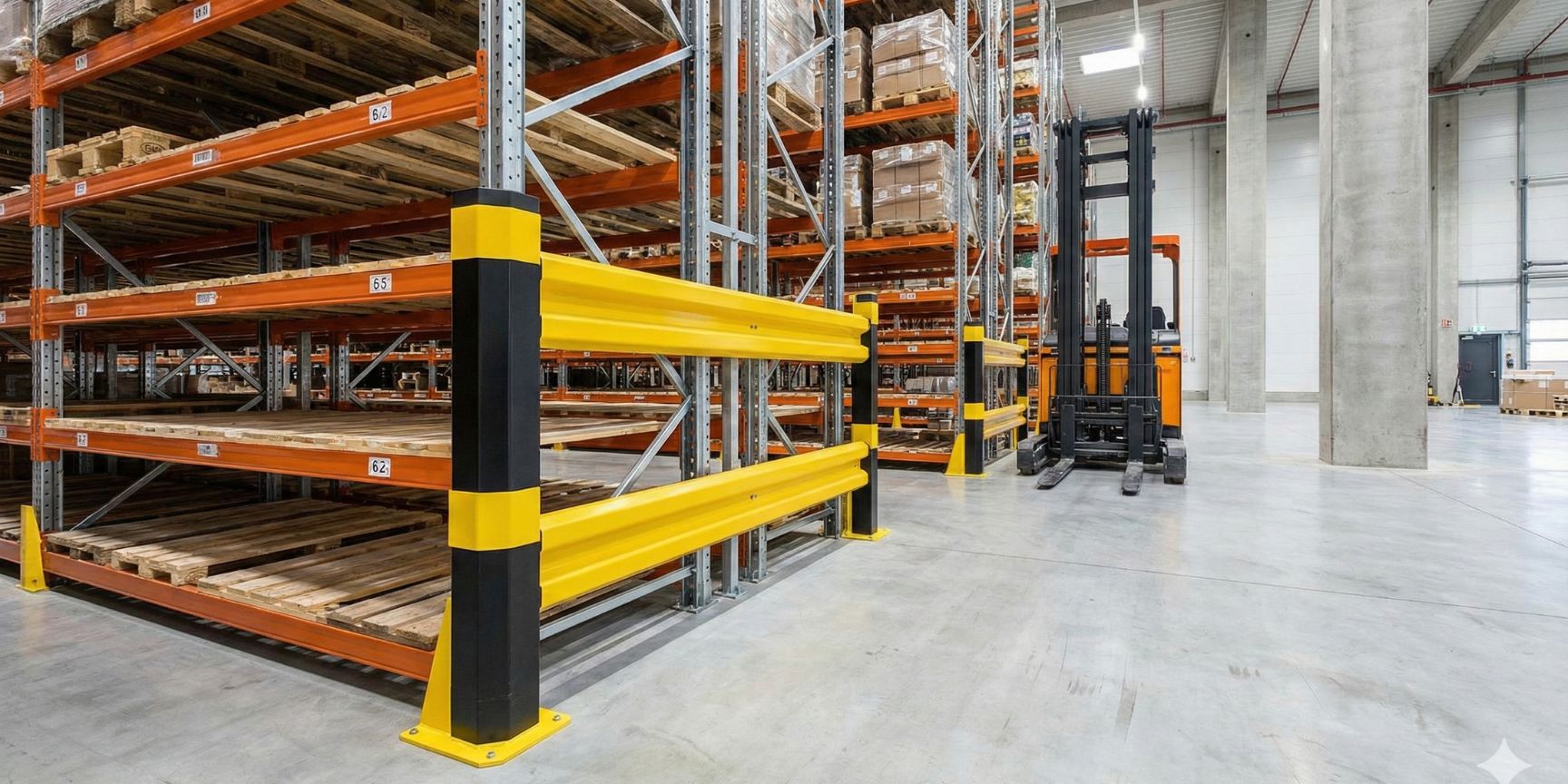 Robust yellow and black steel collision protection protects the corner of a pallet rack in a modern logistics hall, with a forklift in the background. (DIN EN 15635 compliant)